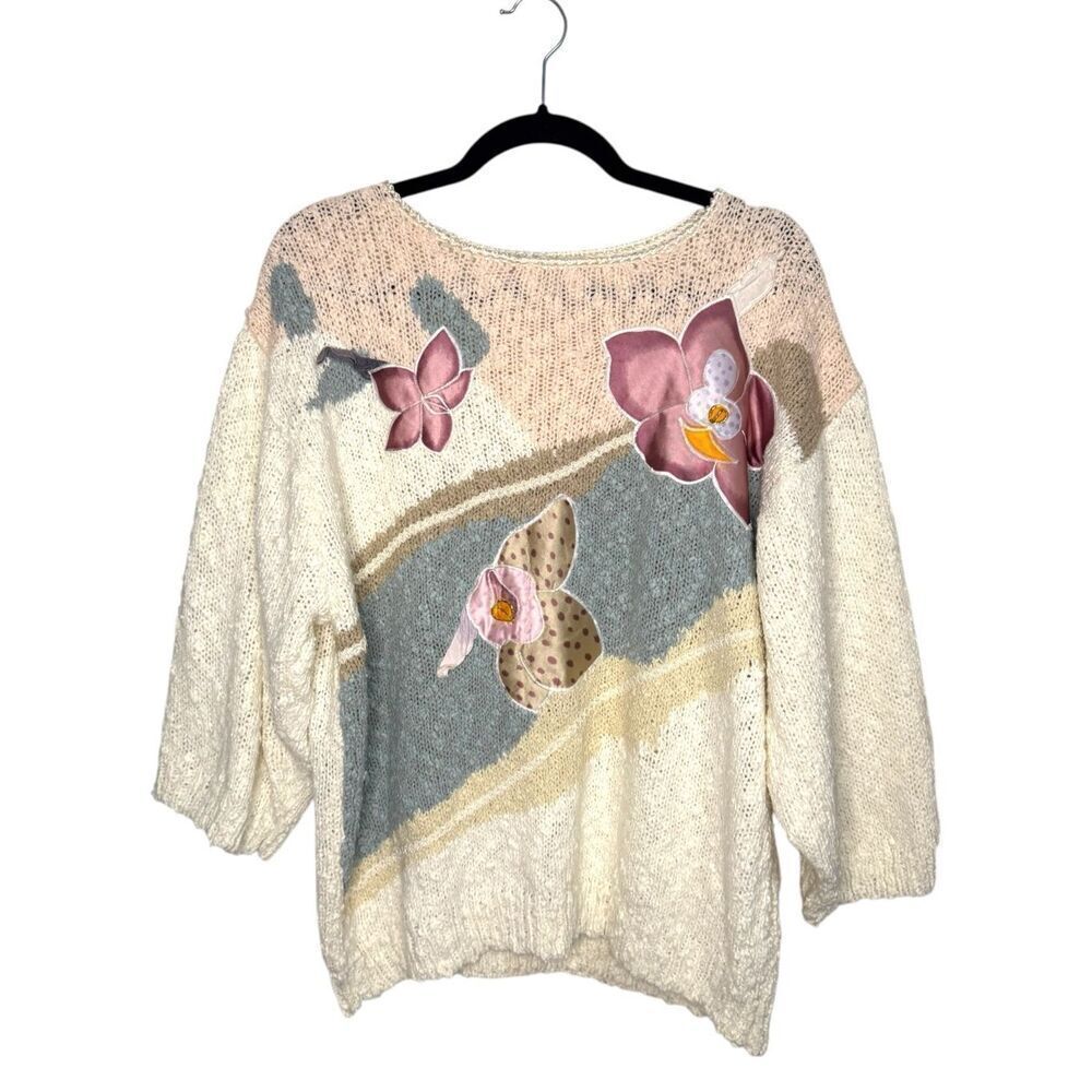 Vintage Alyssa Brooke II Women’s OS Floral Sweater Cream 3/4 Sleeve 90s